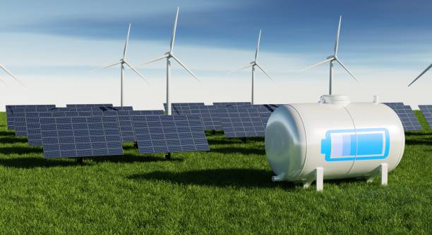 Battery charger solar energy power plant farm. Ecology technology and power savings concept. Alternative energy theme. 3D illustration rendering